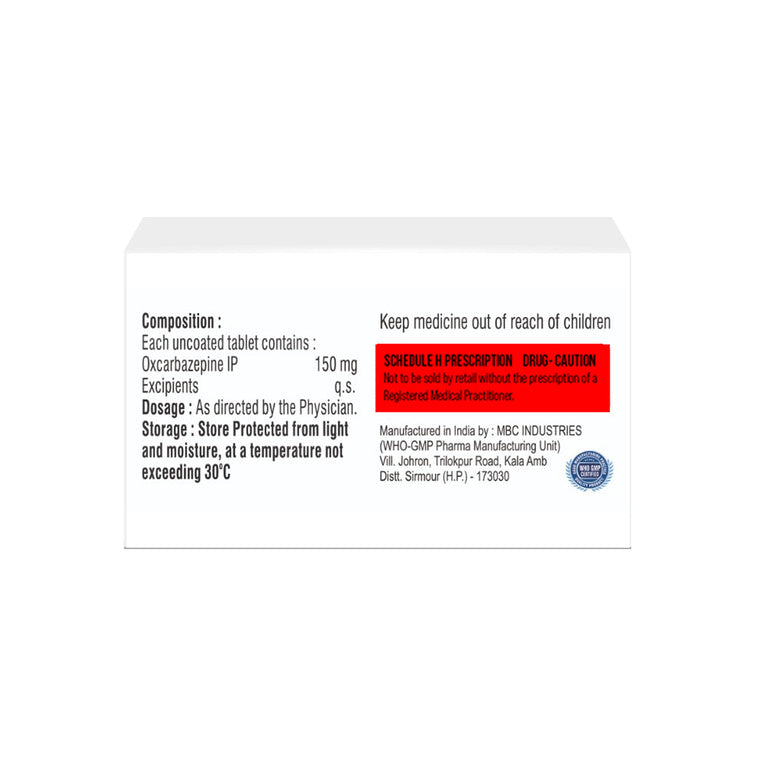 Box of Oxcarbazepine tablets 150mg composition image