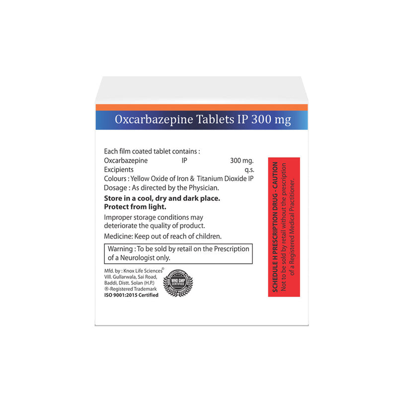 Box of Oxcarbazepine tablets 300mg composition image