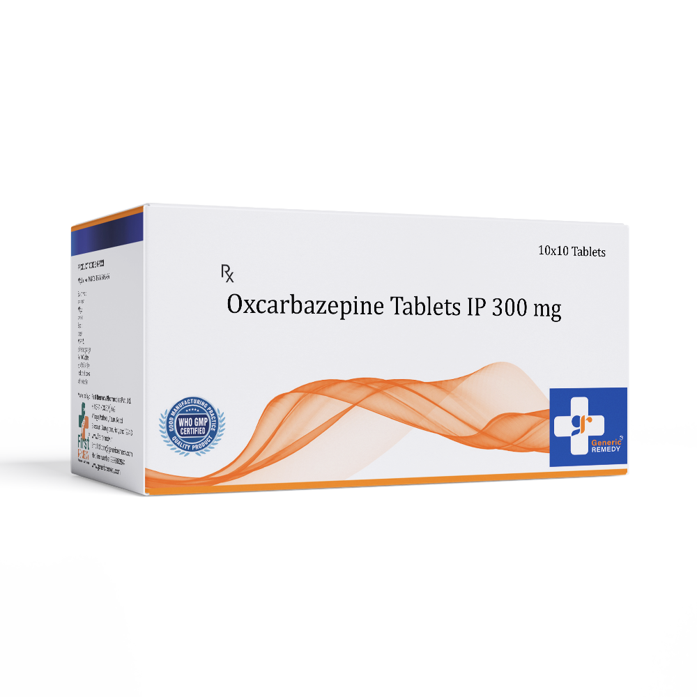 Box of Oxcarbazepine tablets 300mg front image