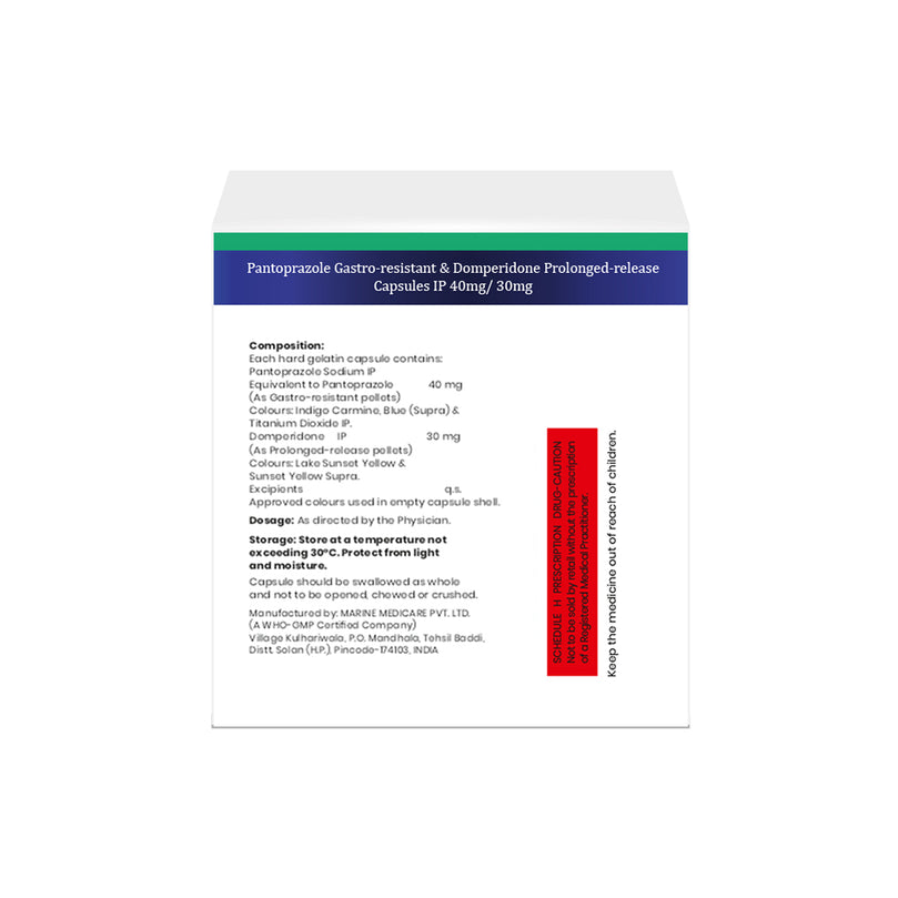 Box of Pantoprazole & Domperidone PR capsules 40mg/30mg composition image