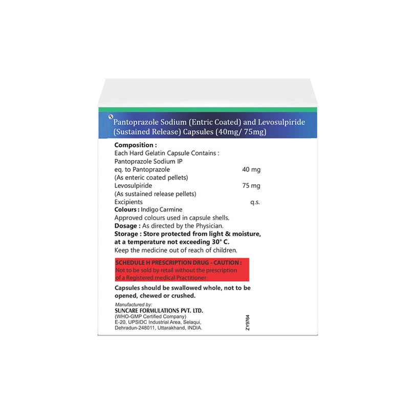 Box of Pantoprazole & Levosulpiride SR capsules 40mg/75mg composition image