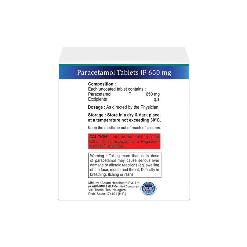 Box of Paracetamol tablets 650mg composition image