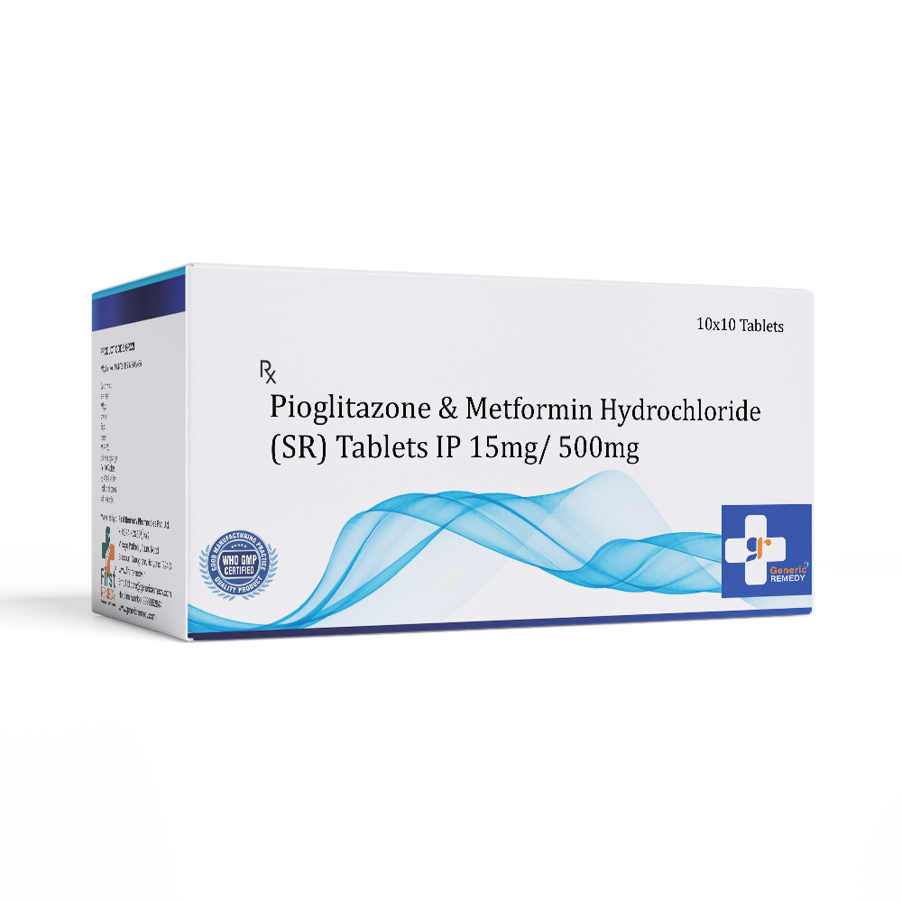 Box of Pioglitazone & Metformin Hydrochloride SR tablets 15mg/500mg front image