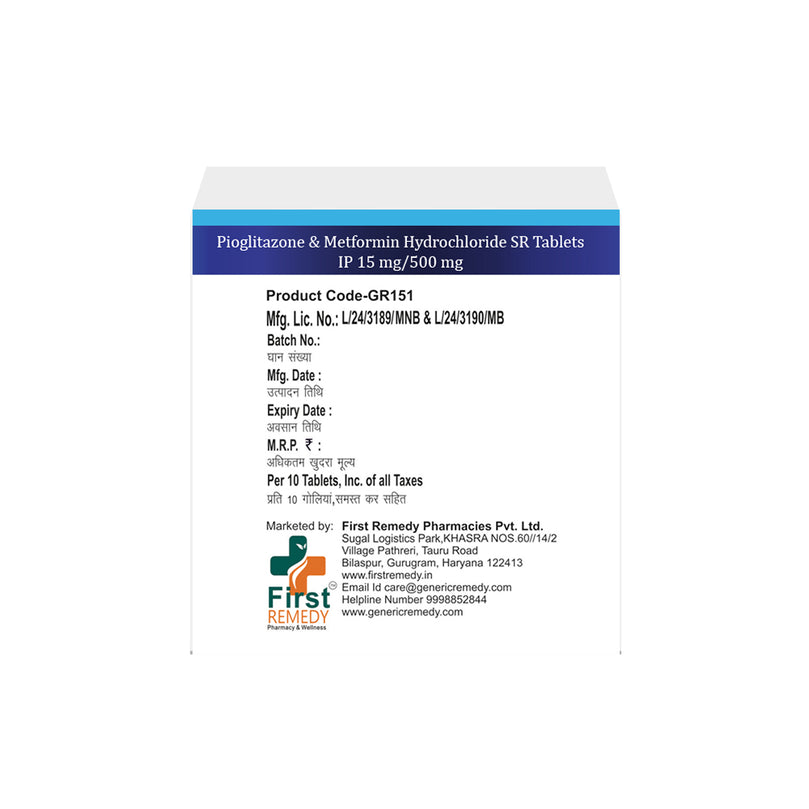 Box of Pioglitazone & Metformin SR tablets 15mg/500mg back image