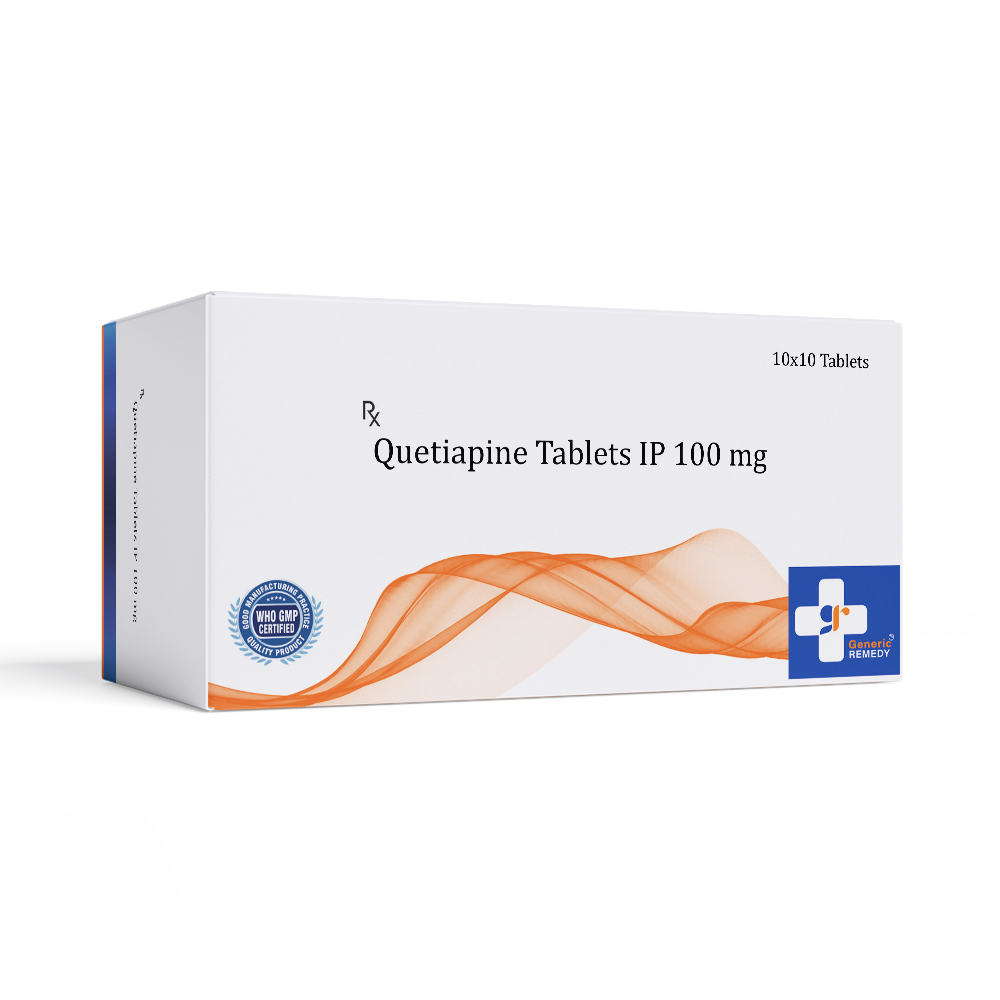 Box of Quetiapine tablets 100mg front image