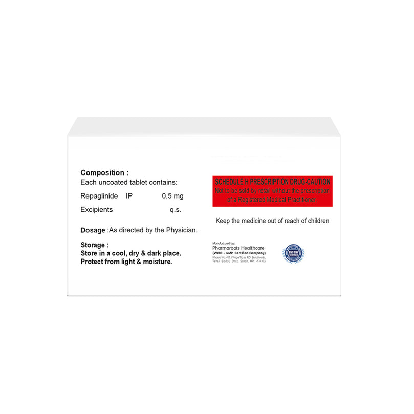 Box of Repaglinide tablets 0.5mg composition image