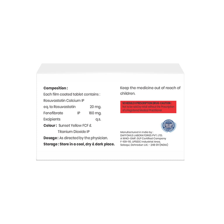 Box of Rosuvastatin 20mg & Fenofibrate 160mg tablets composition image