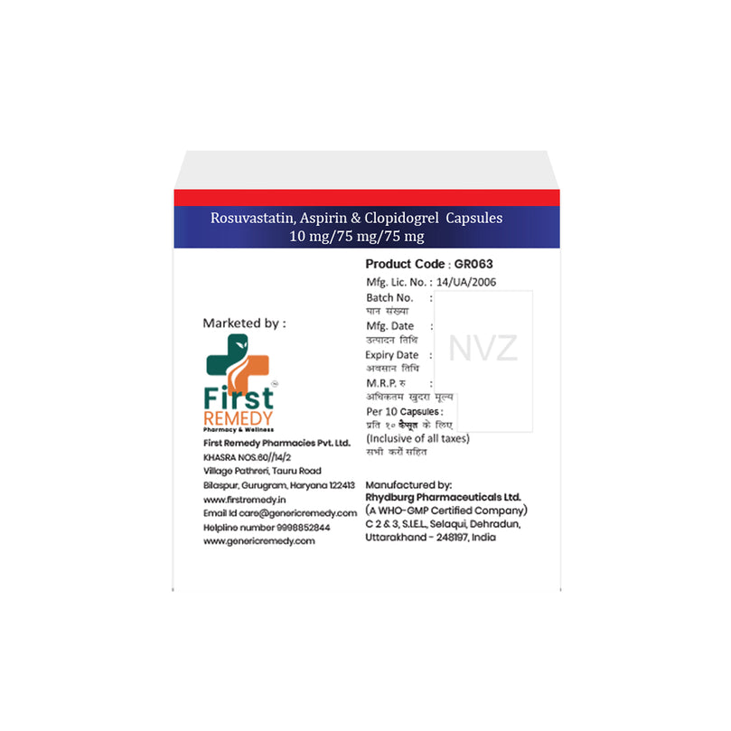 Box of Rosuvastatin, Aspirin & Clopidogrel capsules 10mg/75mg/75mg composition image