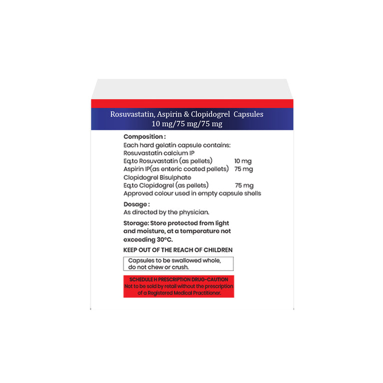 Box of Rosuvastatin, Aspirin & Clopidogrel capsules 10mg/75mg/75mg composition image