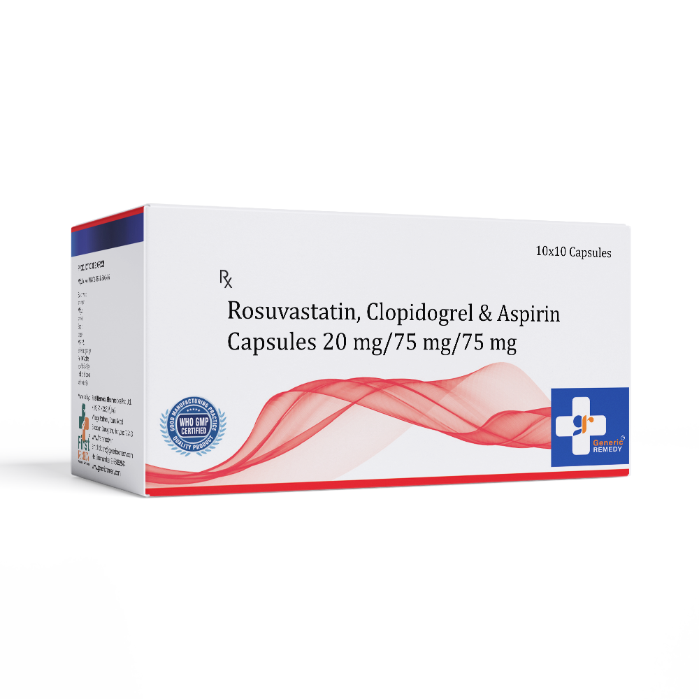 Box of Rosuvastatin, Clopidogrel & Aspirin Capsules 20/75/75mg front image