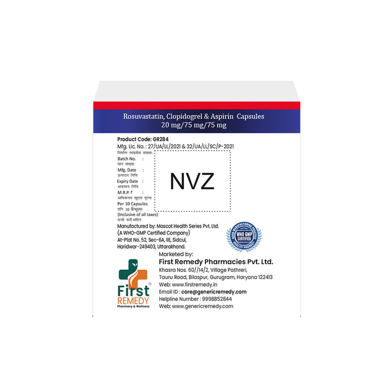 Box of Rosuvastatin, Clopidogrel & Aspirin capsules 20mg/75mg/75mg back image