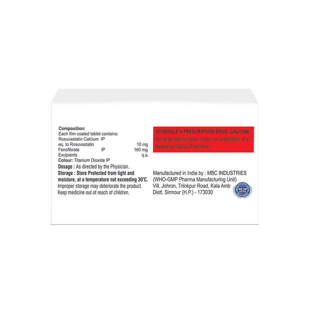 Box of Rosuvastatin & Fenofibrate tablets 10mg/160mg composition image 