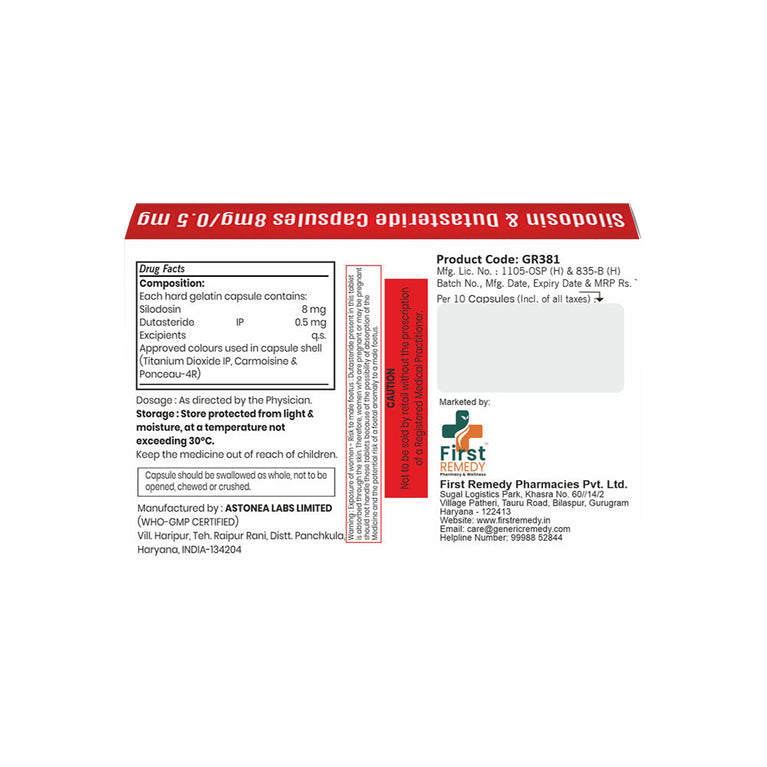 Box of Silodosin & Dutasteride capsules 8mg/0.5mg composition image
