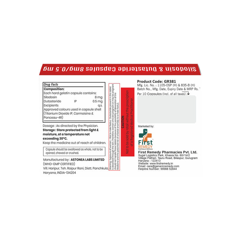 Box of Silodosin & Dutasteride capsules 8mg/0.5mg composition image