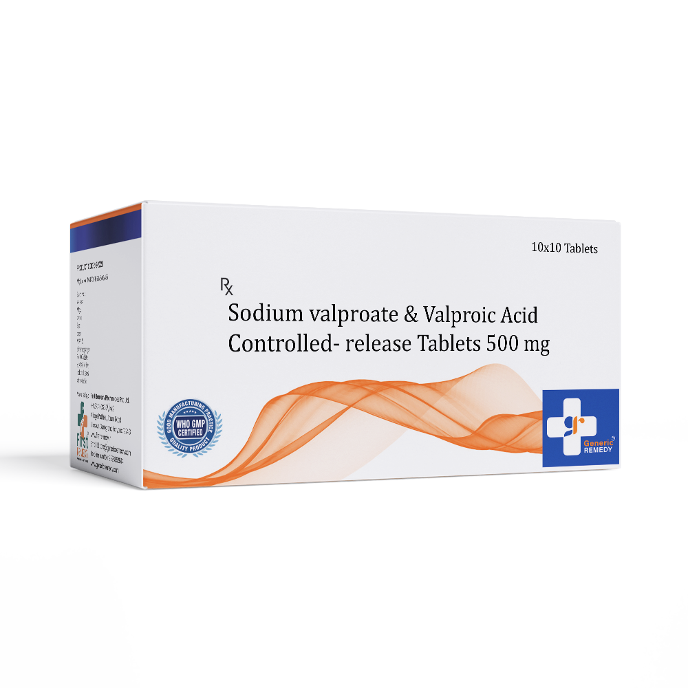 Box of Sodium Valproate & Valproic Acid CR tablets 500mg front image