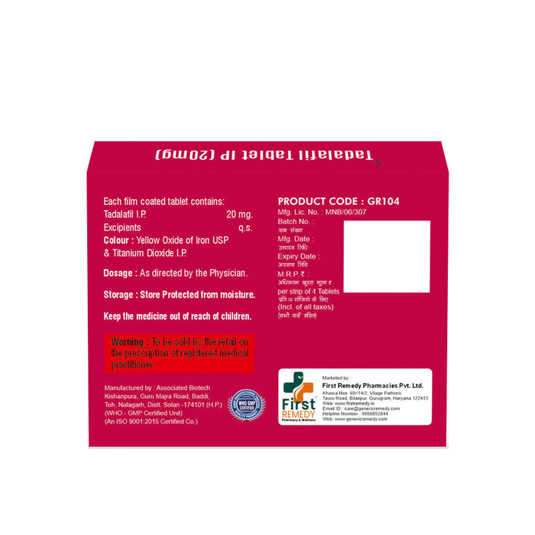 Box of Tadalafil tablets 20mg composition image