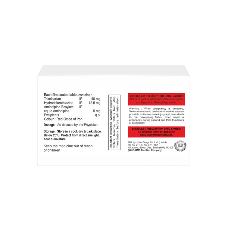 Box of Telmisartan 40mg, Hydrochlorothiazide 12.5mg & Amlodipine 5mg tablets composition image