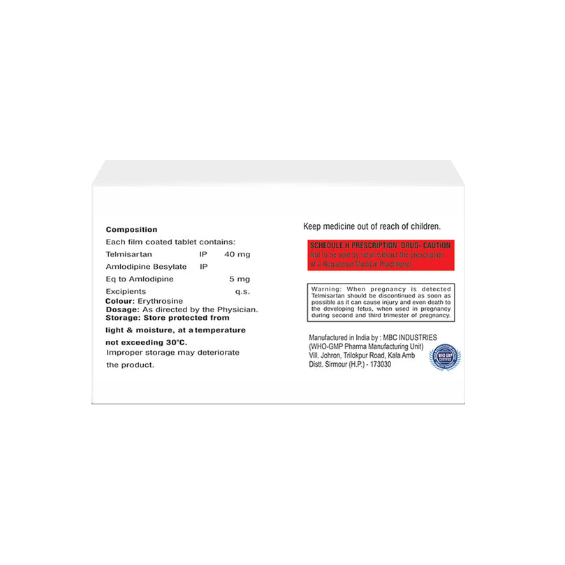 Box of Telmisartan & Amlodipine tablets 40mg/5mg composition image