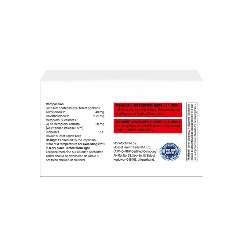 Box Of Telmisartan, Chlorthalidone & Metoprolol ER tablets 40mg/6.25mg/50mg composition image