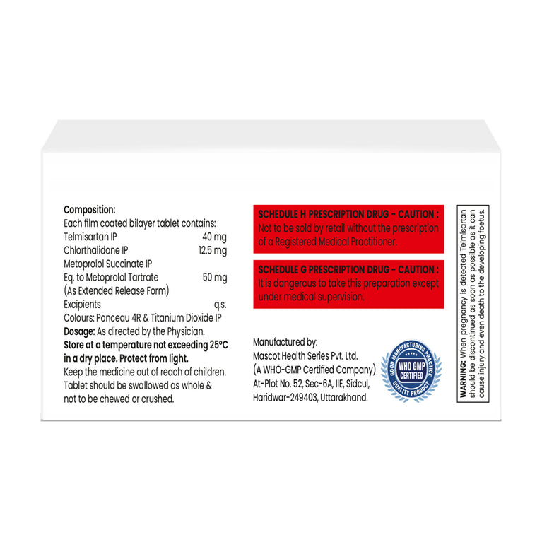 Box of Telmisartan, Chlorthalidone & Metoprolol tablets 40mg/12.5mg/50mg composition image