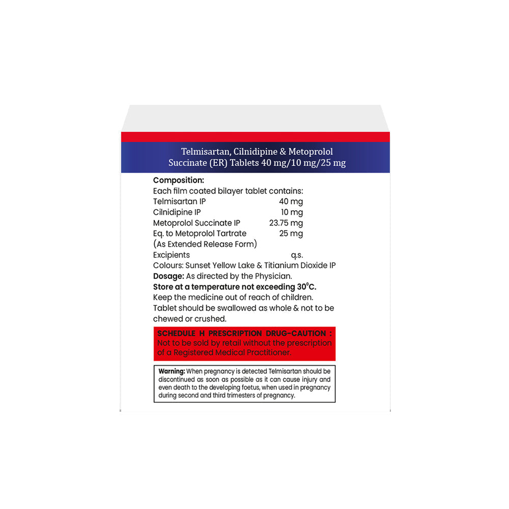 Box of Telmisartan, Cilnidipine & Metoprolol ER tablets 40mg/10mg/25mg composition image