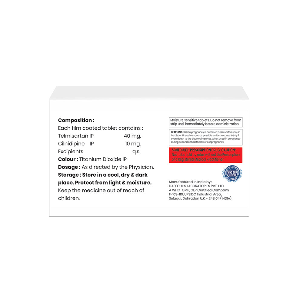 Box of Telmisartan & Cilnidipine tablets 40mg/10mg composition image
