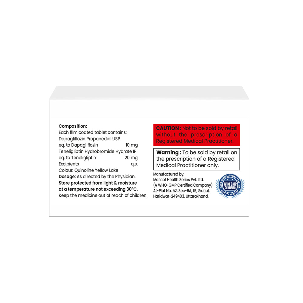 Box of Teneligliptin & Dapagliflozin tablets 20mg/10mg composition image