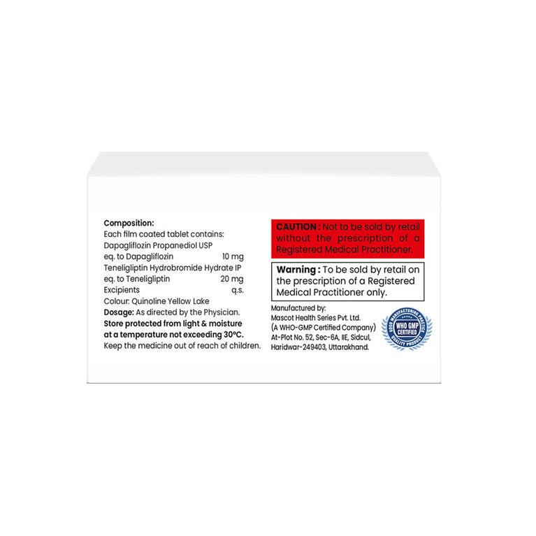 Box of Teneligliptin & Dapagliflozin tablets 20mg/10mg composition image