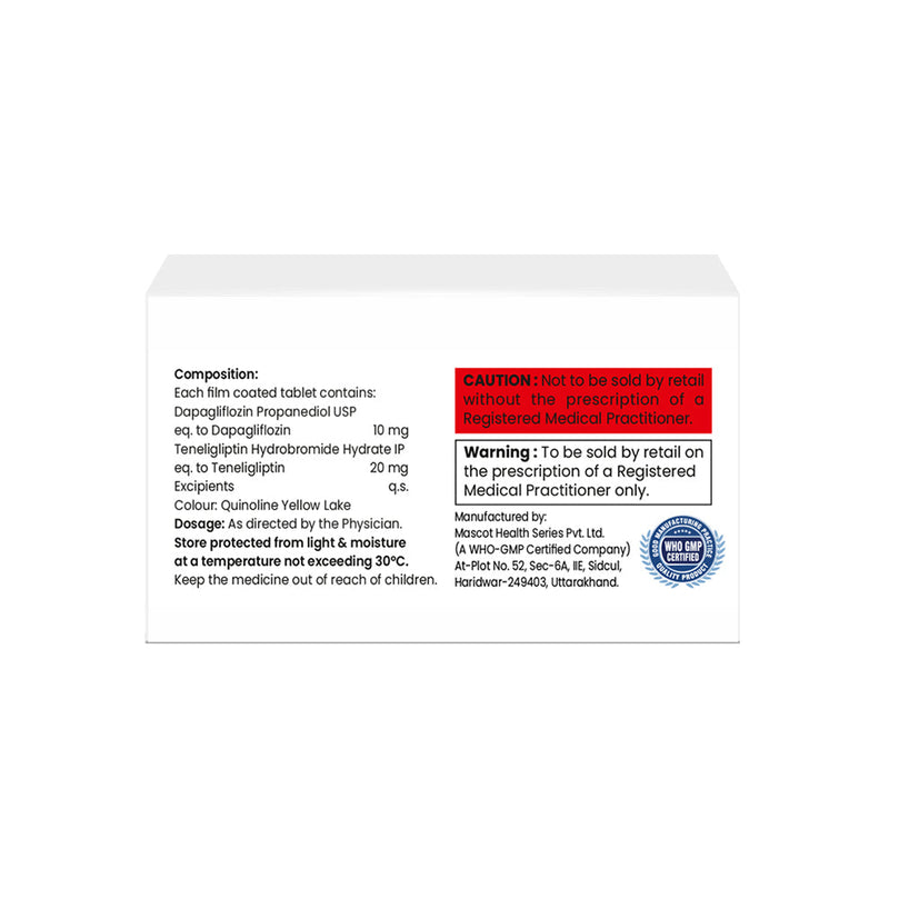 Box of Teneligliptin & Dapagliflozin tablets 20mg/10mg composition image