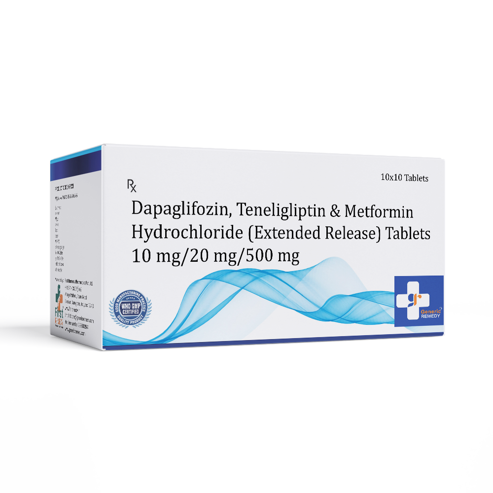 Box of Dapagliflozin, Teneligliptin & Metformin Hydrochloride ER tablets 10mg/20mg/500mg front image
