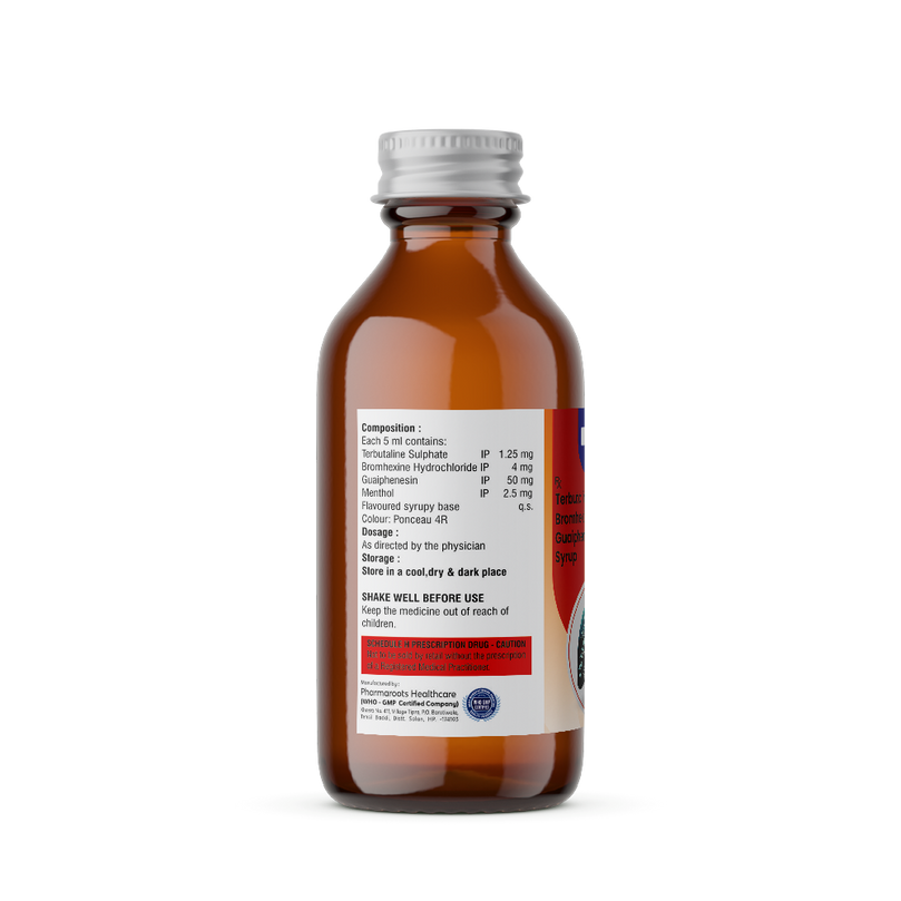 Bottle of Terbutaline Sulphate, Bromhexine Hydrochloride, Guaiphenesin & Menthol syrup composition image