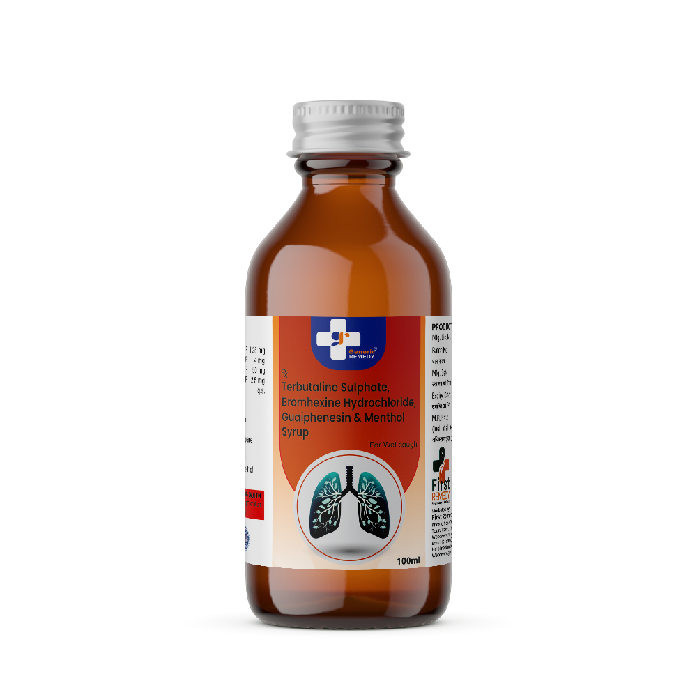 Bottle of Terbutaline Sulphate, Bromhexine Hydrochloride, Guaiphenesin & Menthol syrup front image