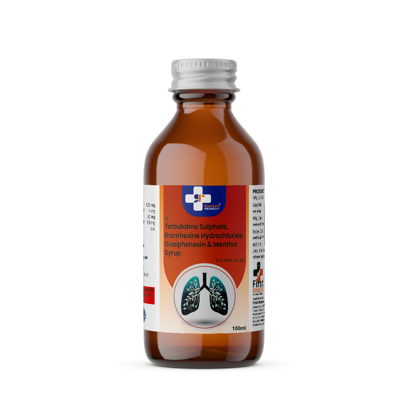 Bottle of Terbutaline Sulphate, Bromhexine Hydrochloride, Guaiphenesin & Menthol syrup front image