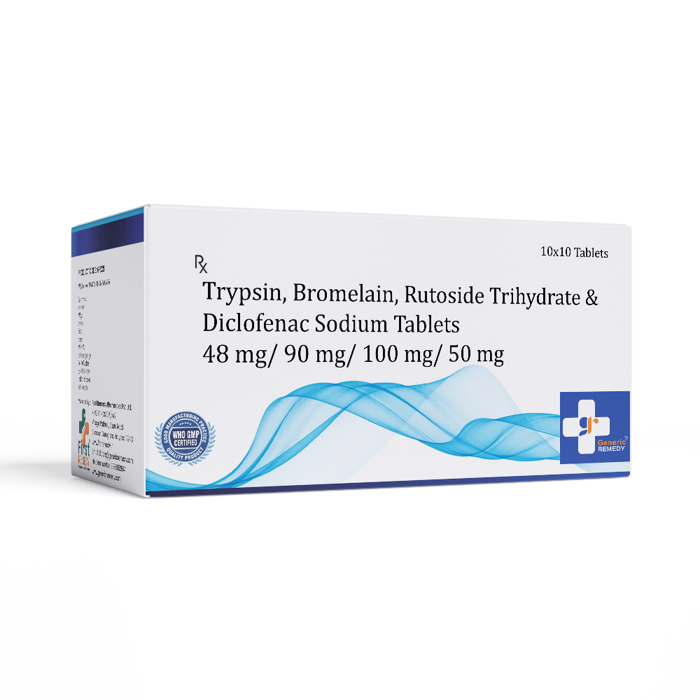 Box of Trypsin, Bromelain, Rutoside Trihydrate & Diclofenac Sodium tablets 48/90/100/50mg front image