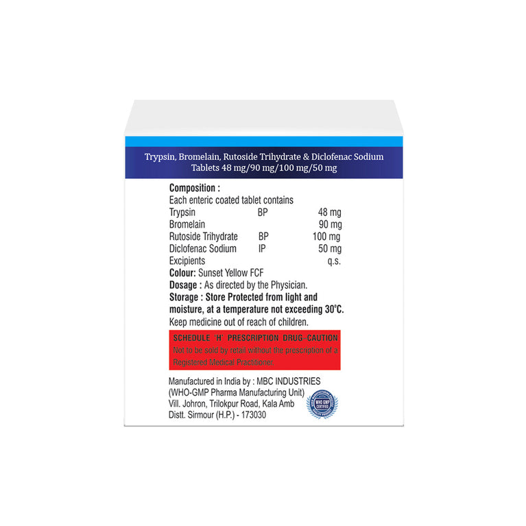 Box of Trypsin, Bromelain, Rutoside & Diclofenac tablets 48mg/90mg/100mg/50mg composition image
