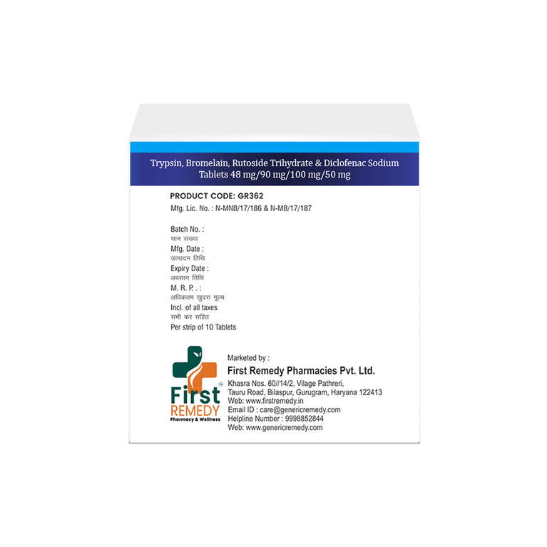 Box of Trypsin, Bromelain, Rutoside & Diclofenac tablets 48mg/90mg/100mg/50mg back image