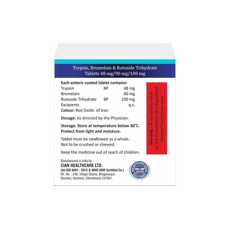 Box of Trypsin, Bromelain & Rutoside tablets 48mg/90mg/100mg composition image