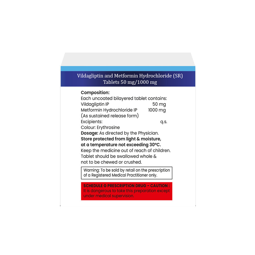 Box of Vildagliptin & Metformin SR tablets 50mg/1000mg composition image