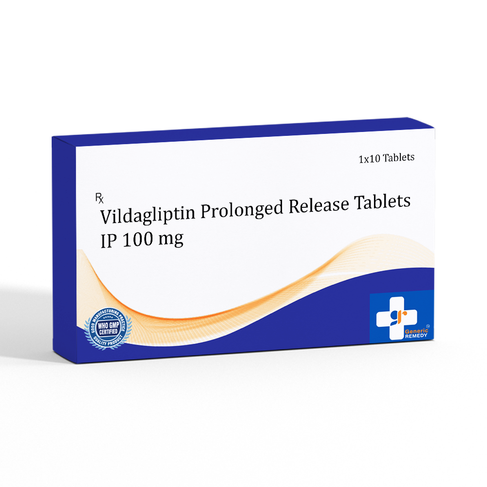 Box of Vildagliptin Prolonged Release tablets 100mg front image