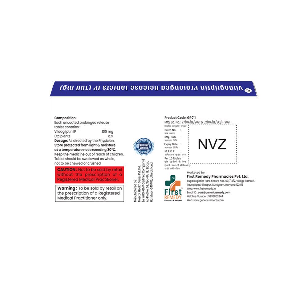 Box of Vildagliptin tablets 100mg composition image