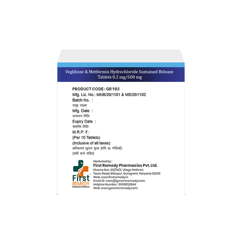 Box of Voglibose & Metformin SR tablets 0.2mg/500mg back image