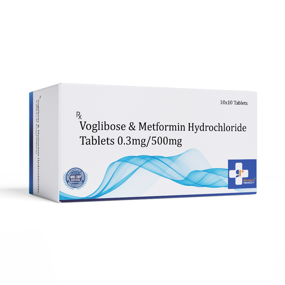 Box of Voglibose & Metformin tablets 0.3/500mg front image 