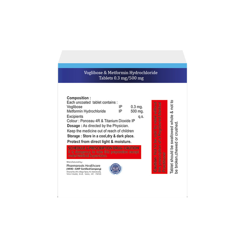 Box of Voglibose & Metformin tablets 0.3mg/500mg composition image 