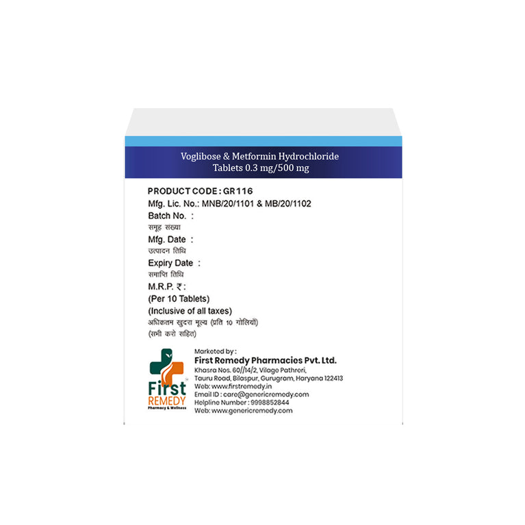  Box of Voglibose & Metformin tablets 0.3mg/500mg back image